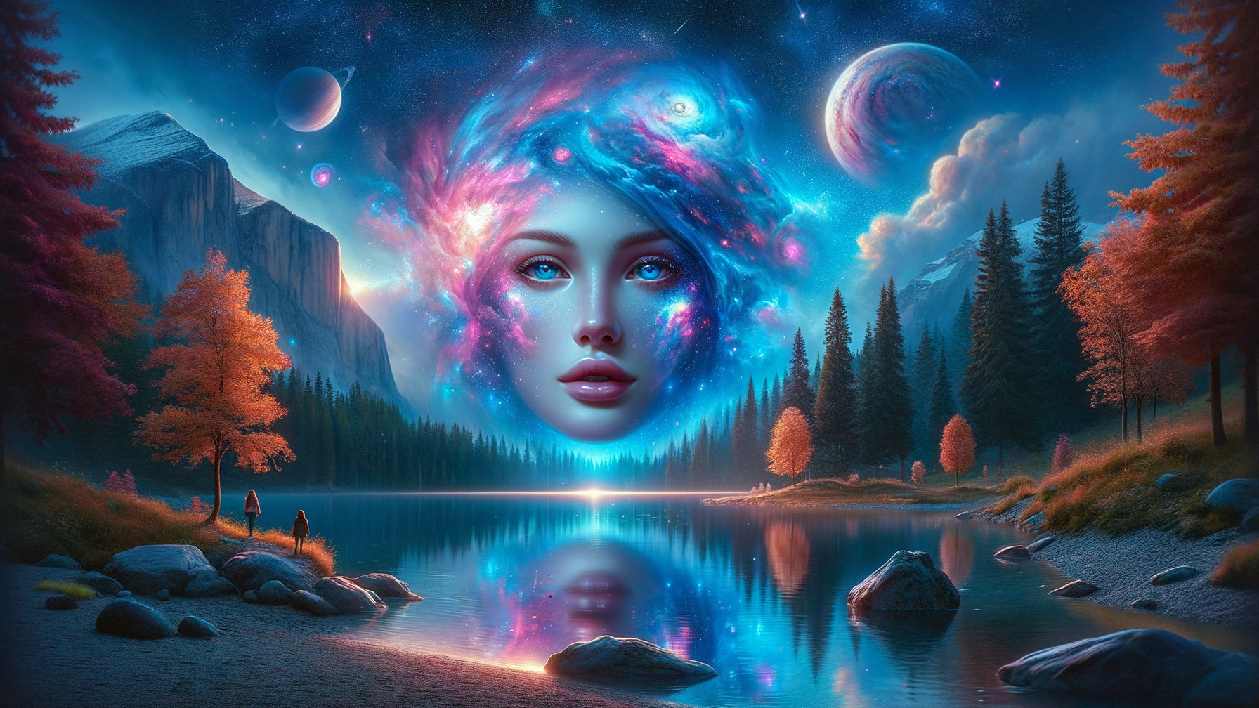 Cosmic Landscape with Nebulae and Ethereal Face