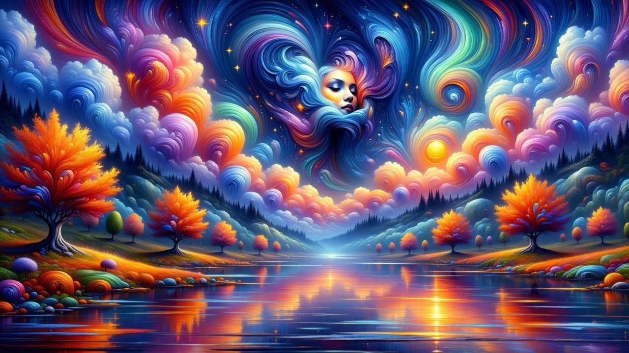 Vibrant landscape with swirling clouds and serene lake
