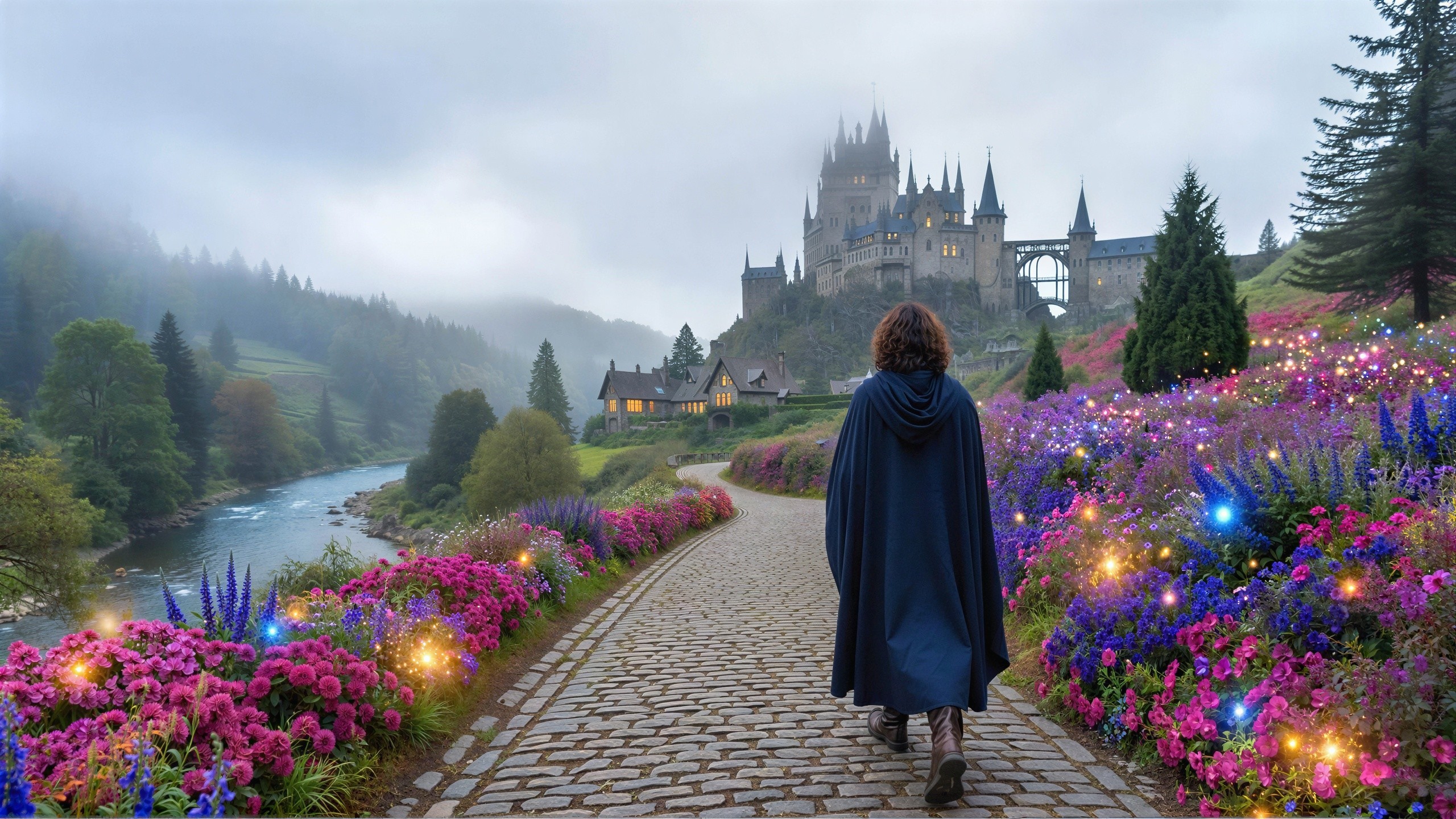 Person in Cloak Walking Toward Castle on Cobblestone Path