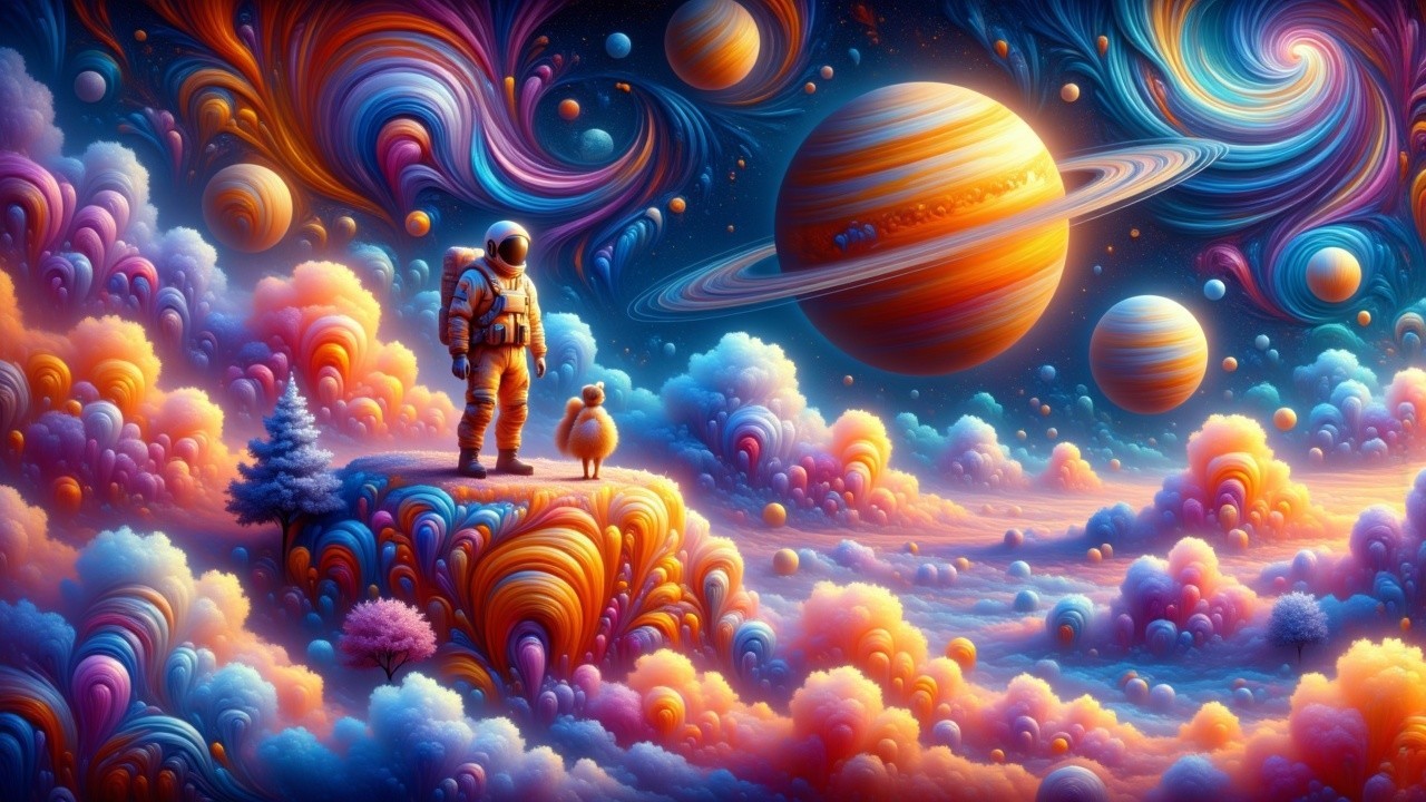 Astronaut on Colorful Landscape with Ringed Planet