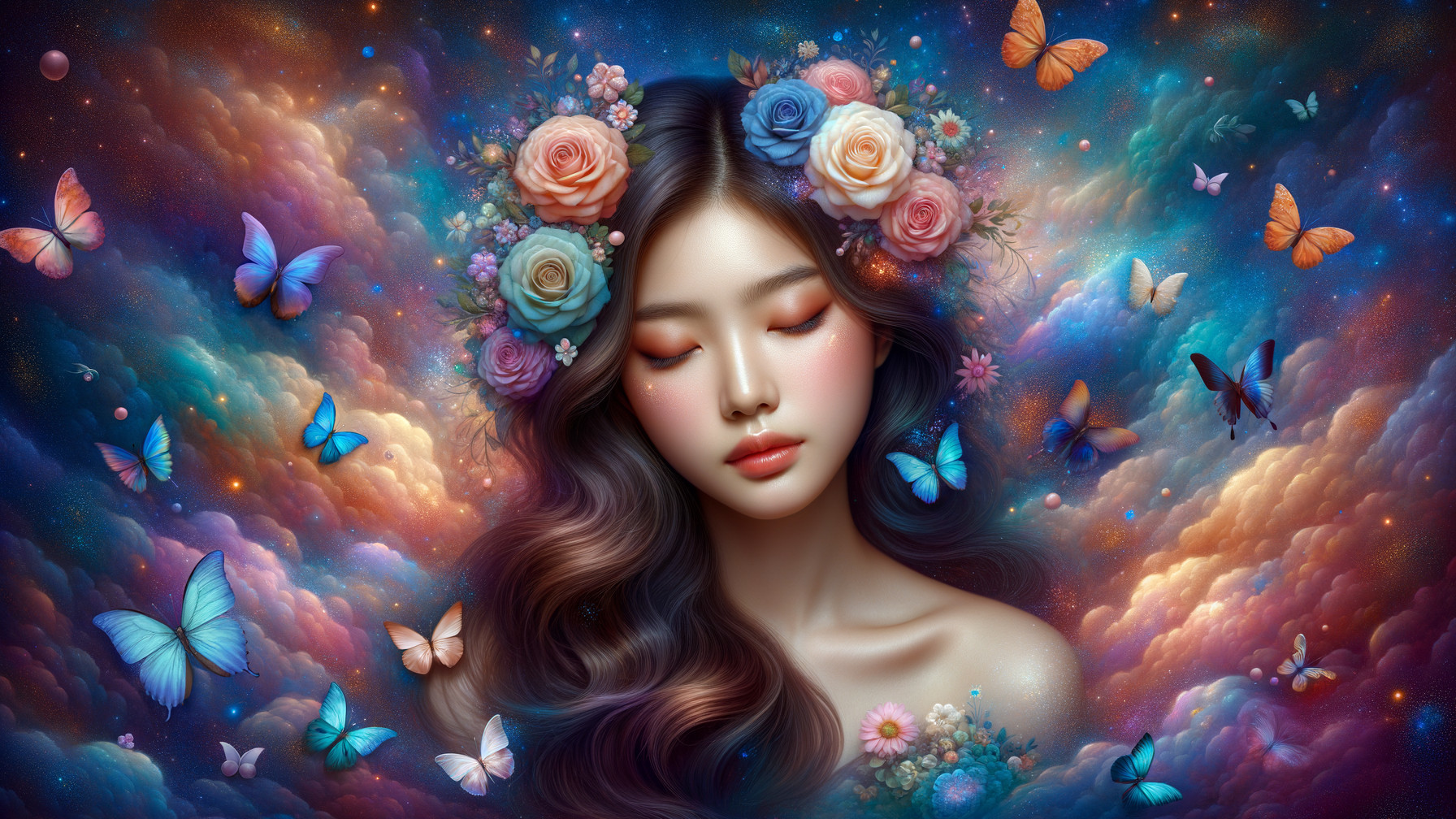 Serene Woman with Floral Crown and Butterflies