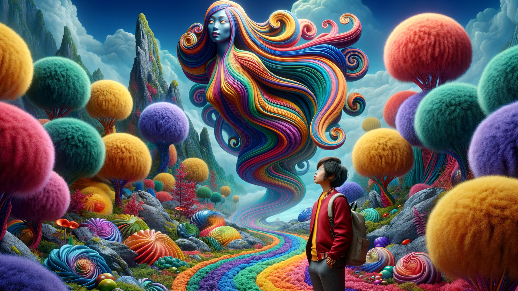 Child in Red Jacket in Whimsical Fantasy Landscape