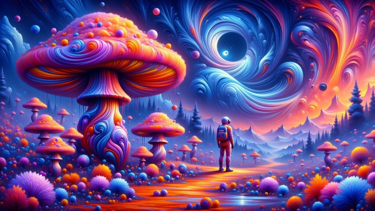 Surreal Landscape with Vibrant Mushrooms and Galaxy