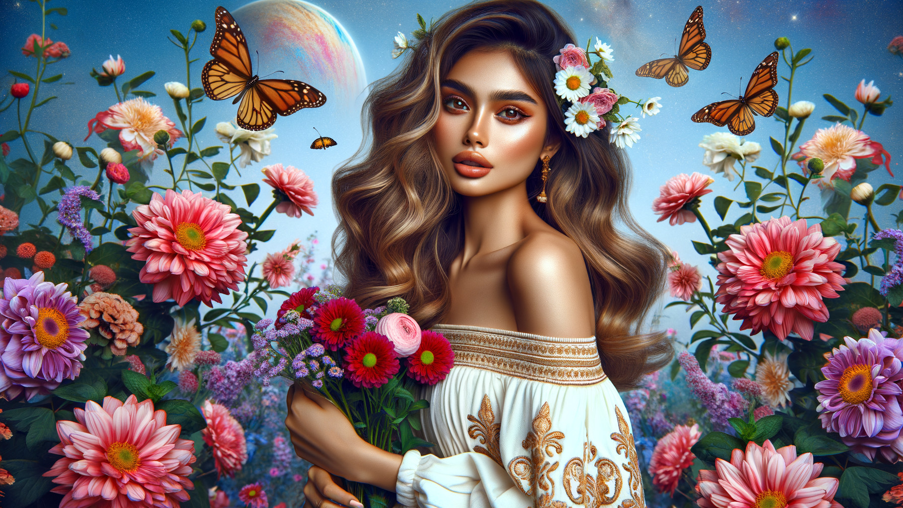 Young Woman in Flower Garden with Butterflies and Rainbow