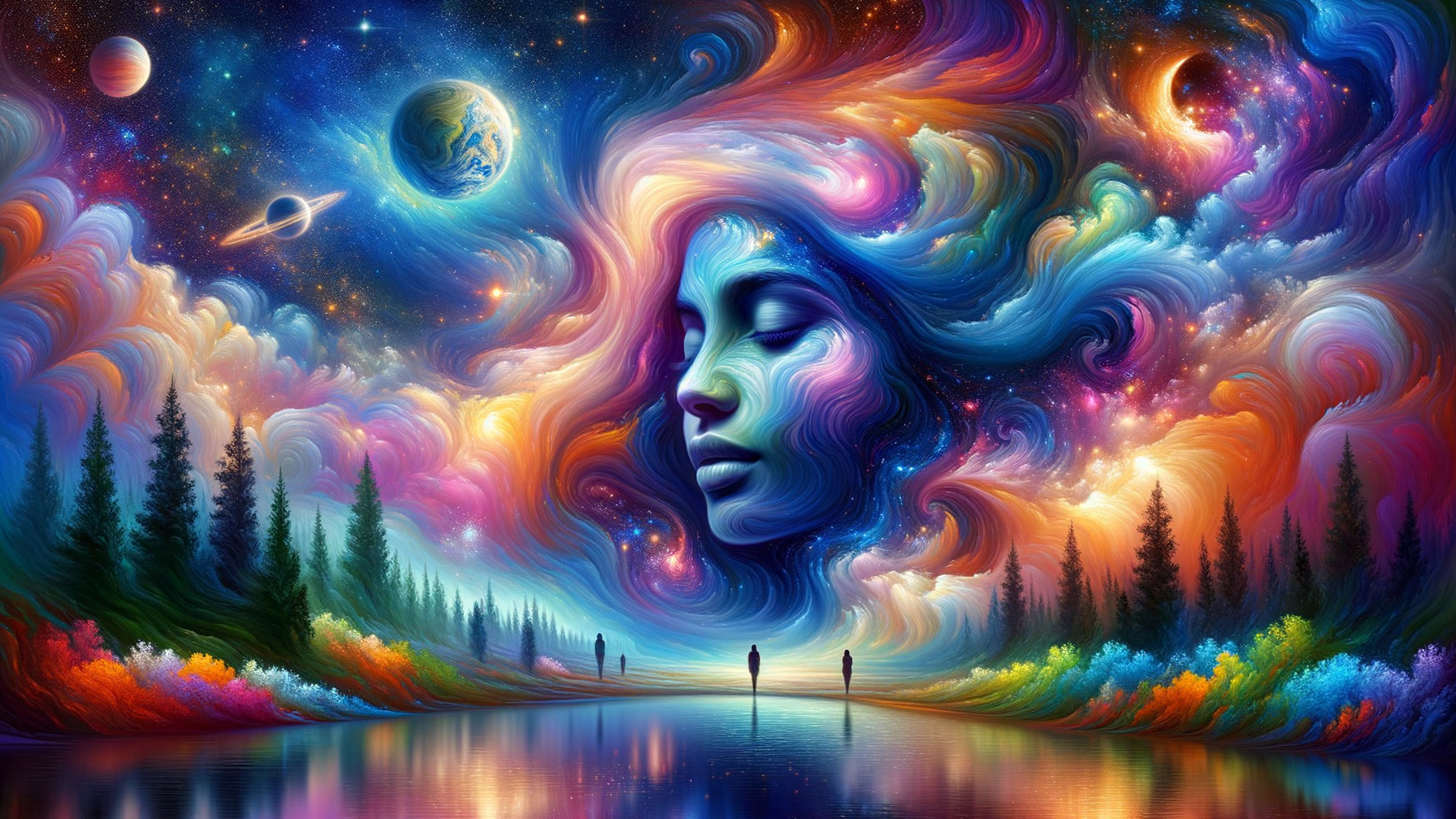 Dreamlike Cosmic Landscape with Serene Face and Lake