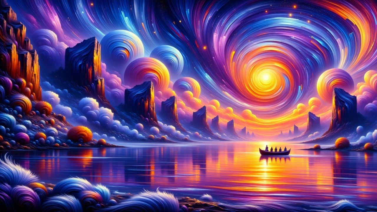 Vibrant Dreamlike Landscape with Cosmic Elements