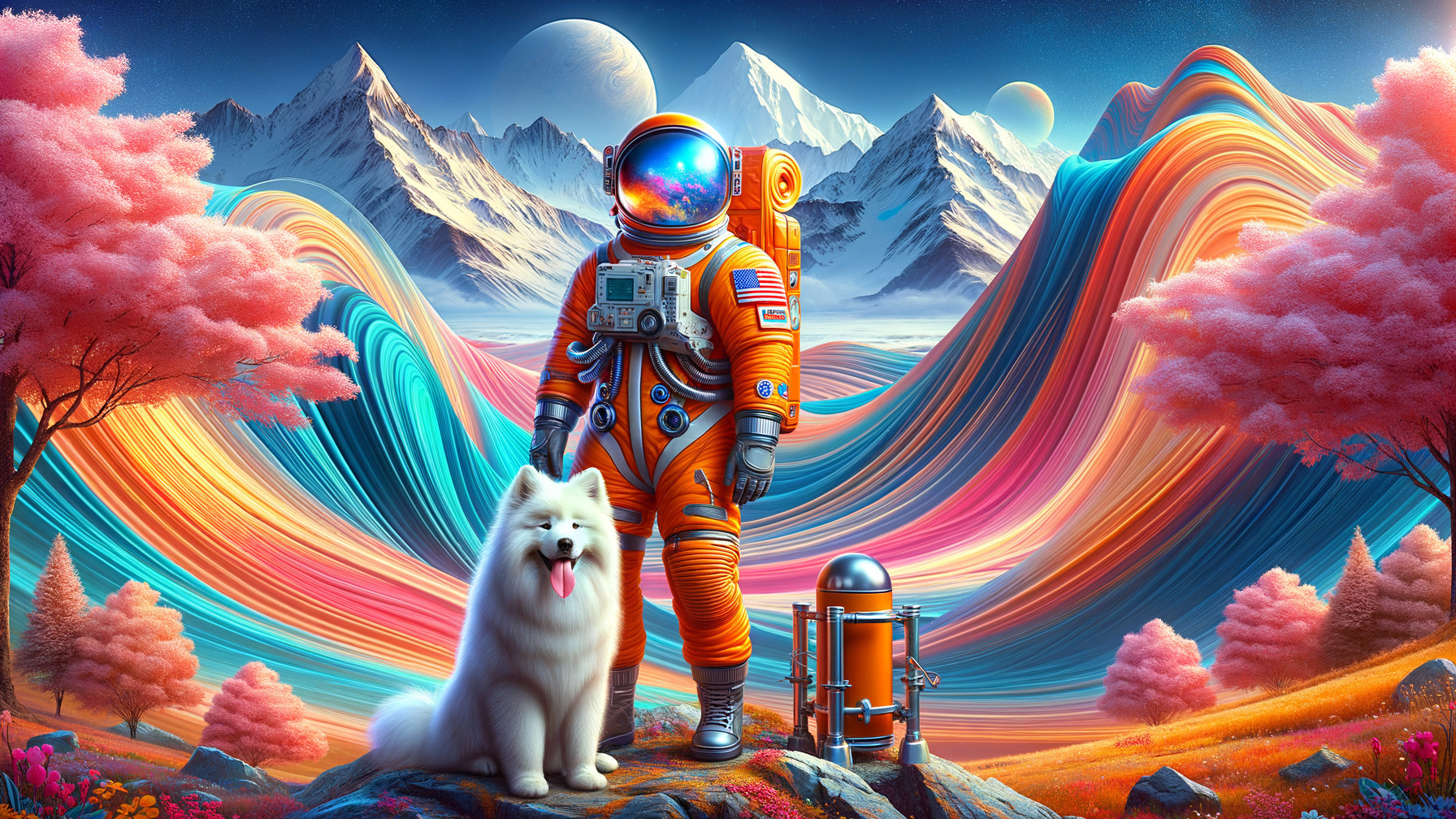 Astronaut with Dog in Surreal Cosmic Landscape