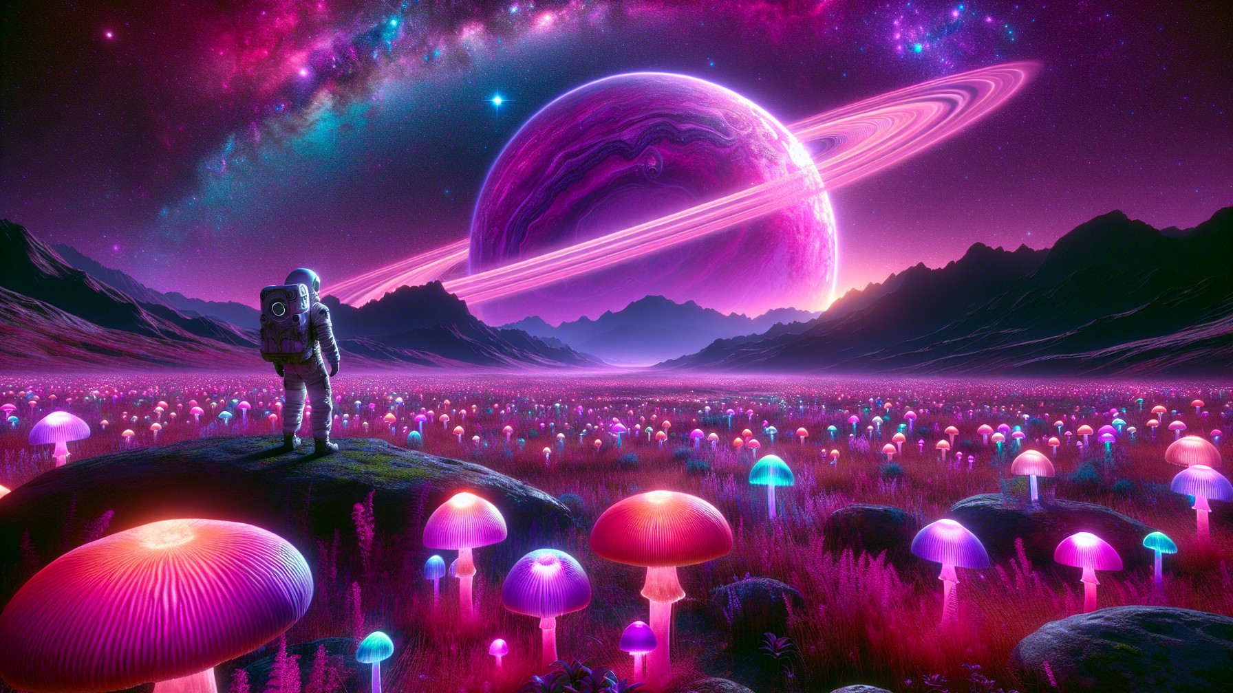 Astronaut in a Field of Glowing Neon Mushrooms
