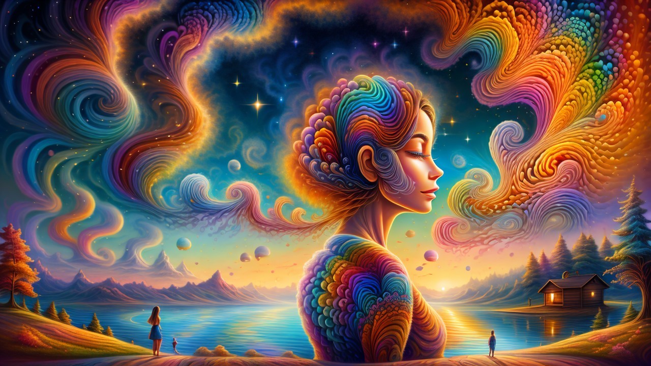 Surreal Landscape with Woman and Colorful Sky