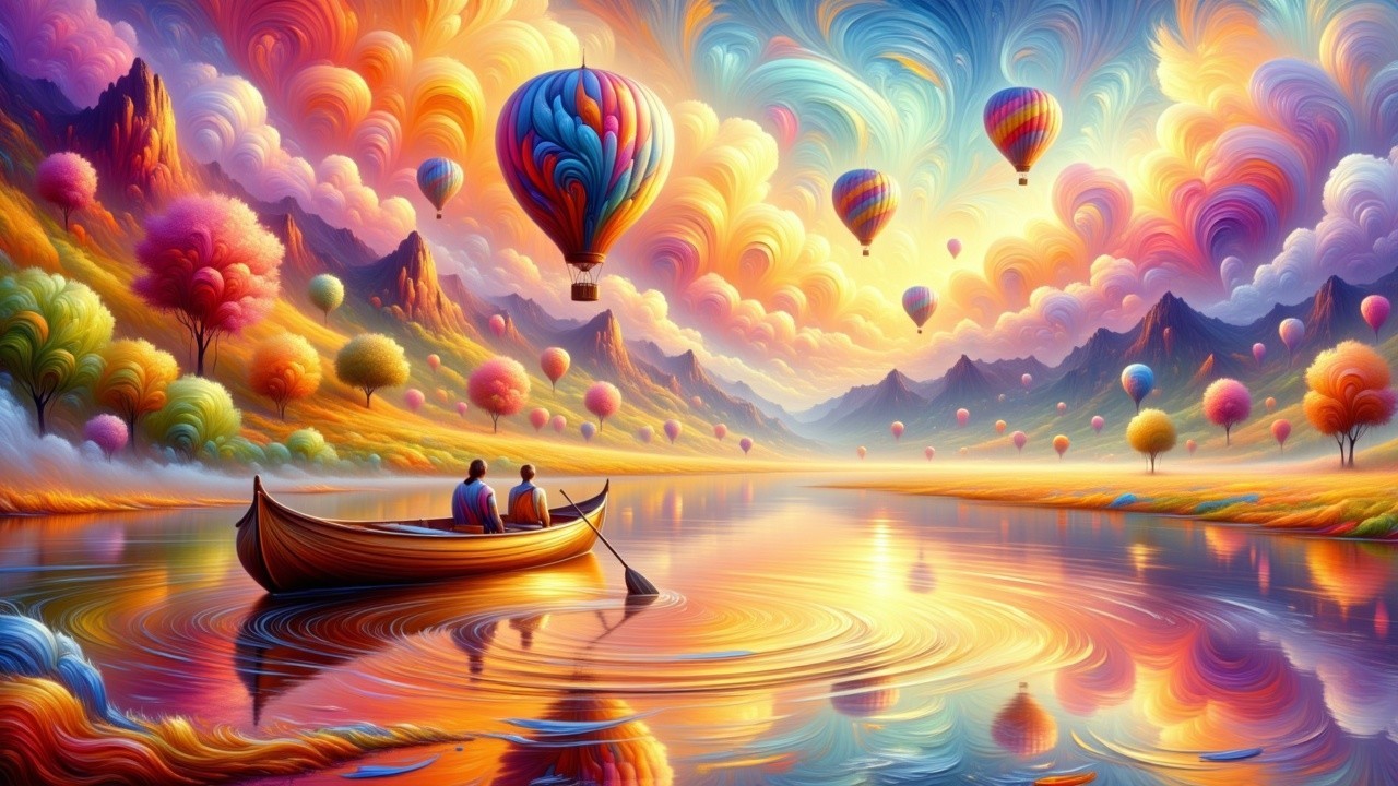 Vibrant Sunset Landscape with Hot Air Balloons and River