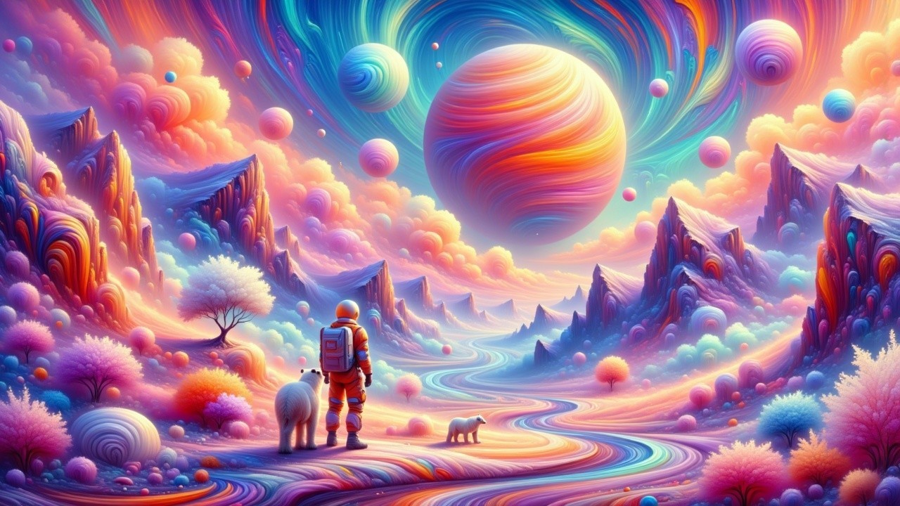 Surreal Cosmic Landscape with Astronaut and Creatures