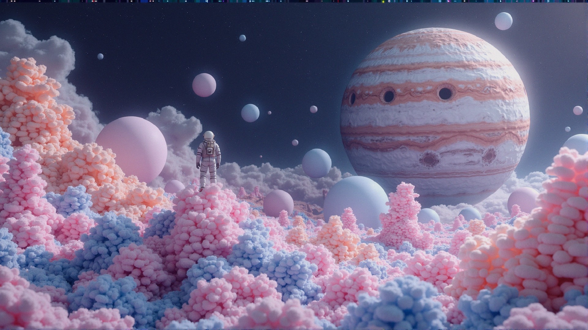 Surreal Cosmic Landscape with Astronaut and Planets