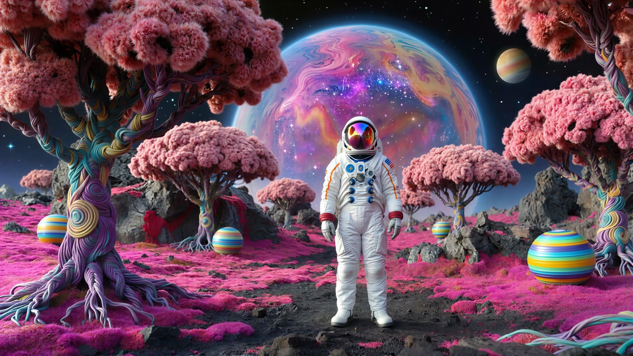 Astronaut in Spacesuit on Alien Landscape with Trees