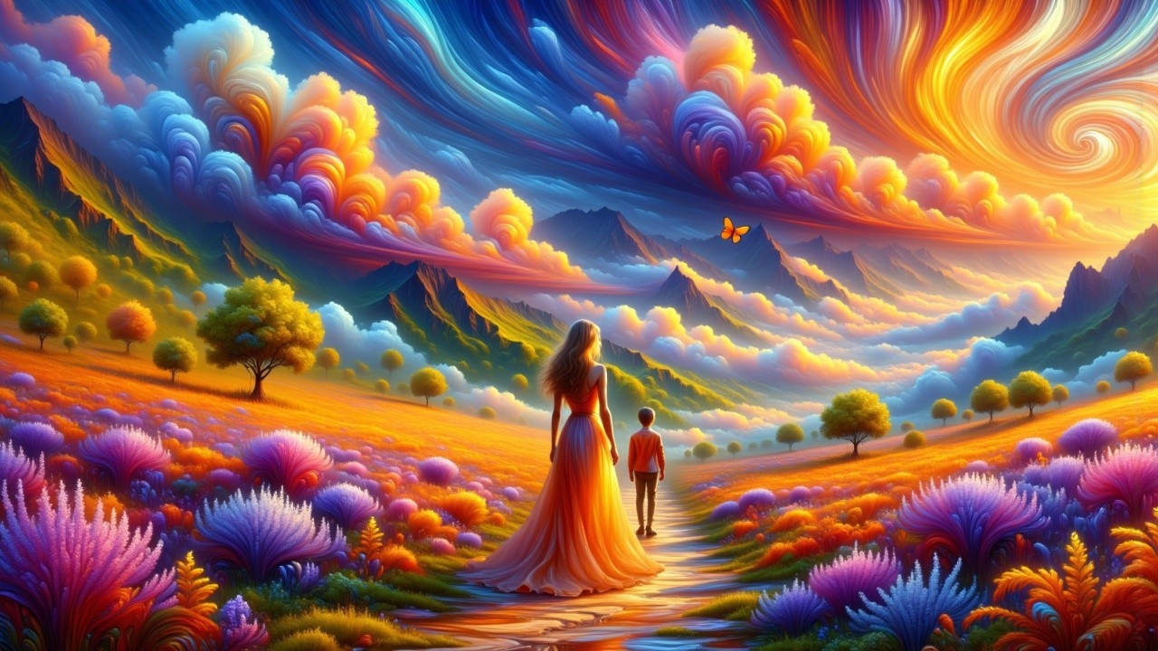 Vibrant Landscape with Woman and Child in Nature