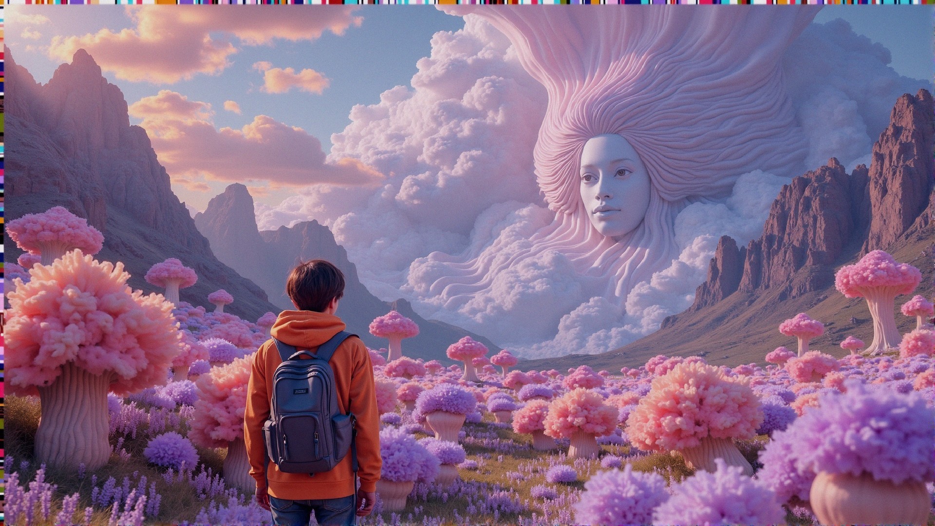 Surreal Landscape with Young Person and Ethereal Face