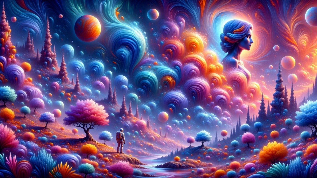 Vibrant Dreamlike Landscape with Ethereal Forms