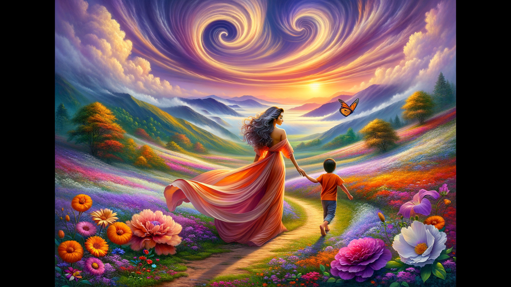 Woman in Orange Dress Strolling Through Flower Fields