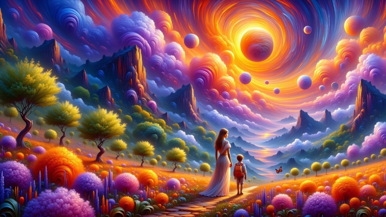 Surreal Landscape with Woman and Child at Sunrise