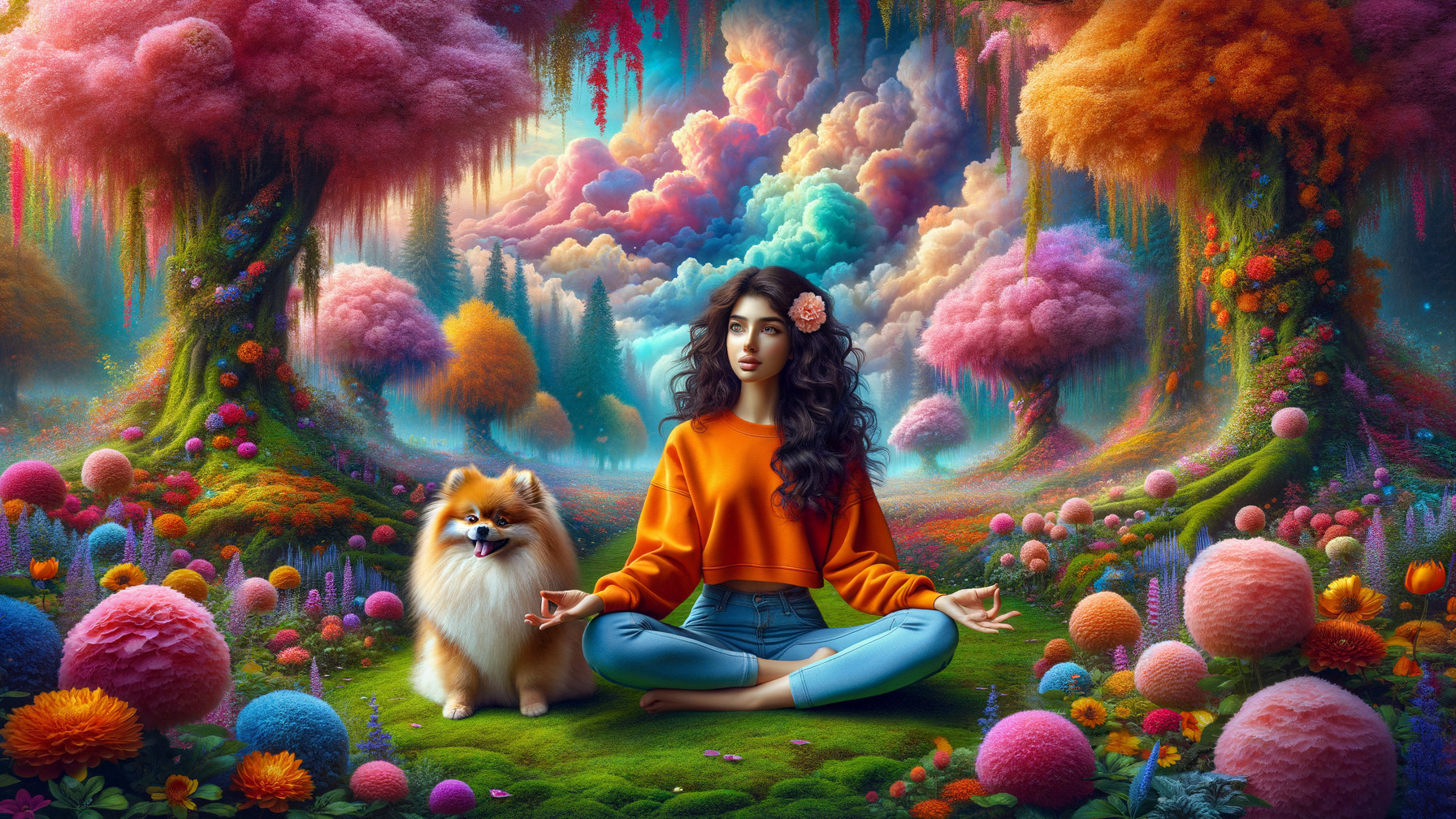 Young Woman Meditating in a Colorful Forest