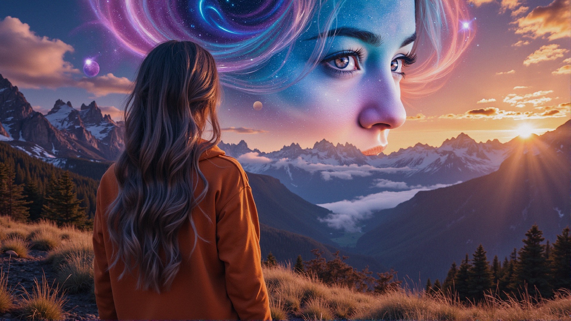 Woman on Hill with Cosmic Face and Mountain Sunset