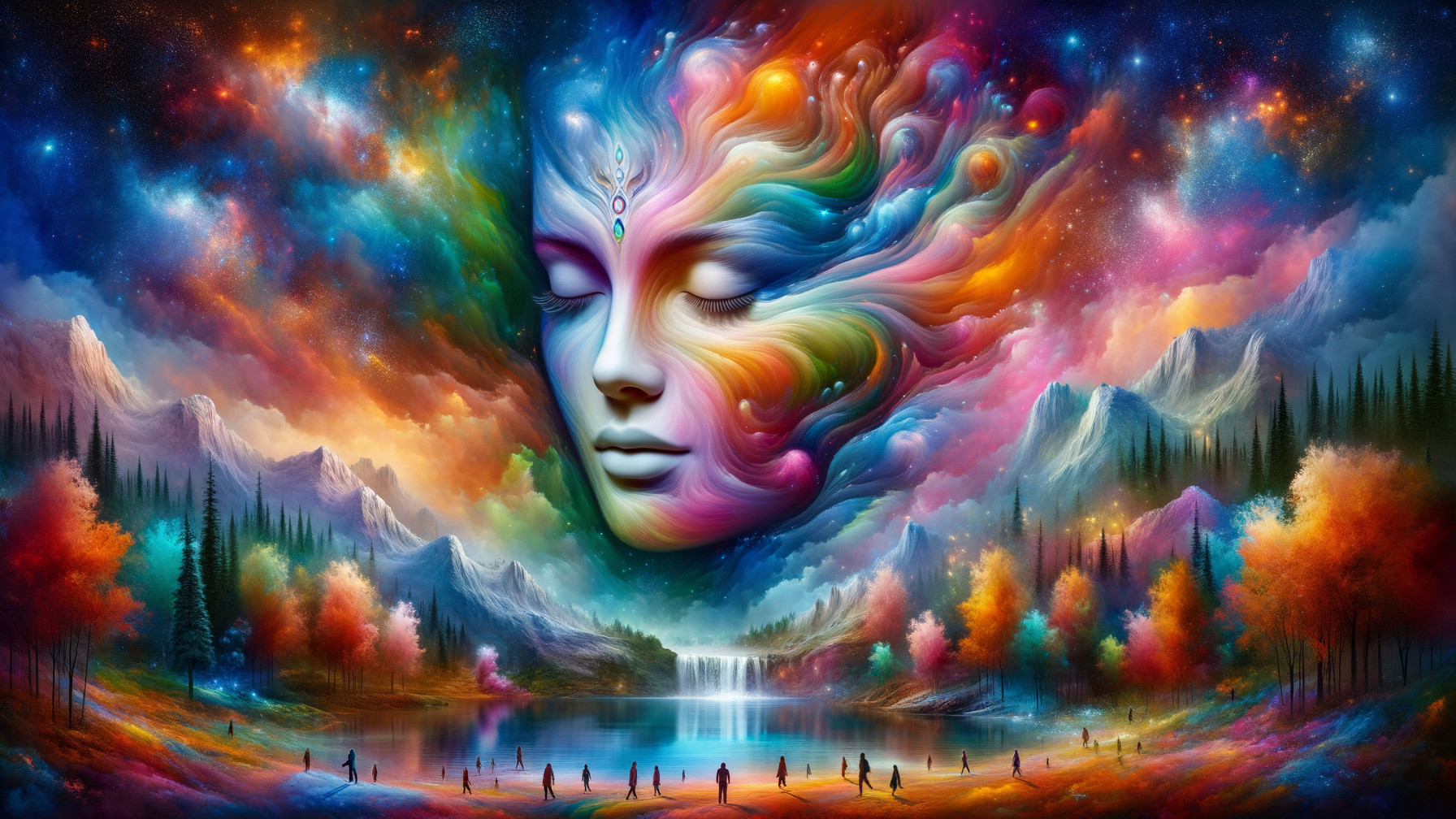 Surreal Landscape with Ethereal Face and Cosmic Colors