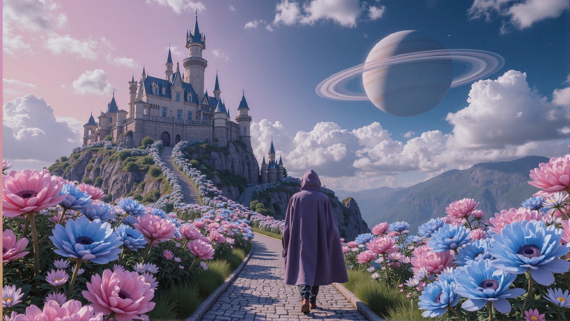 Castle on Rocky Outcrop with Vibrant Flowers and Saturn