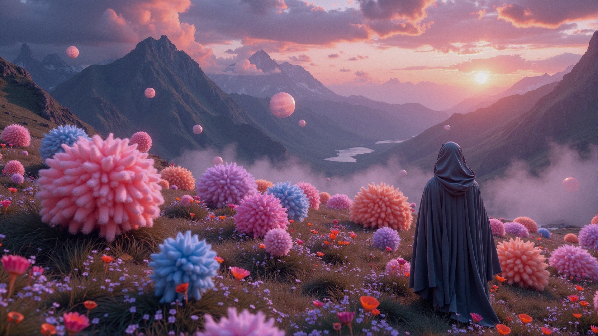 Cloaked Figure in Pastel Flower Valley at Sunset