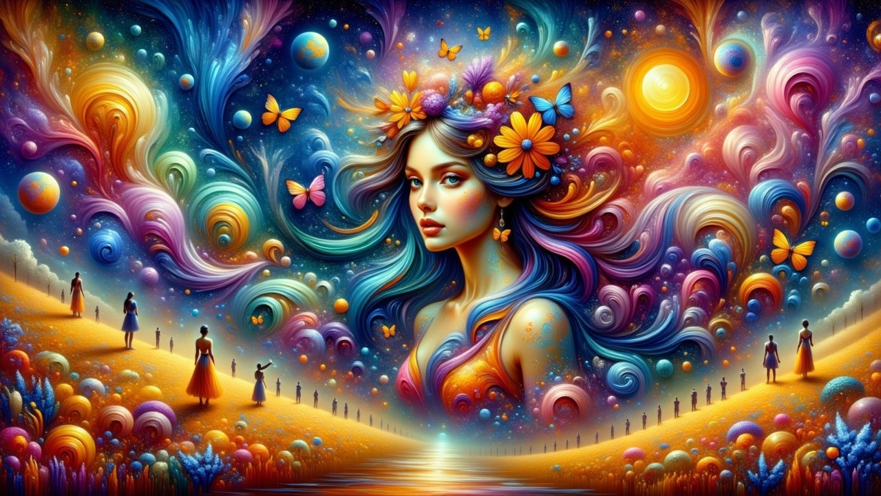 Surreal Scene of a Mystical Woman with Colorful Hair