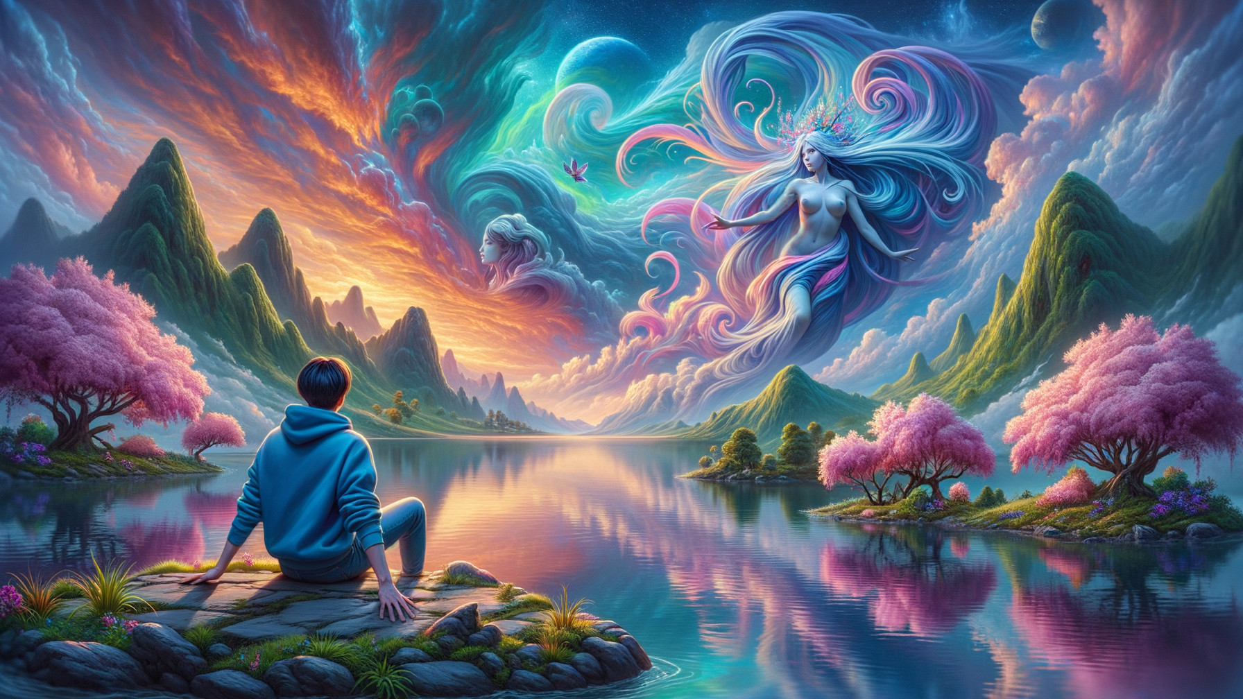 Young Person by Serene Lake in Vibrant Landscape