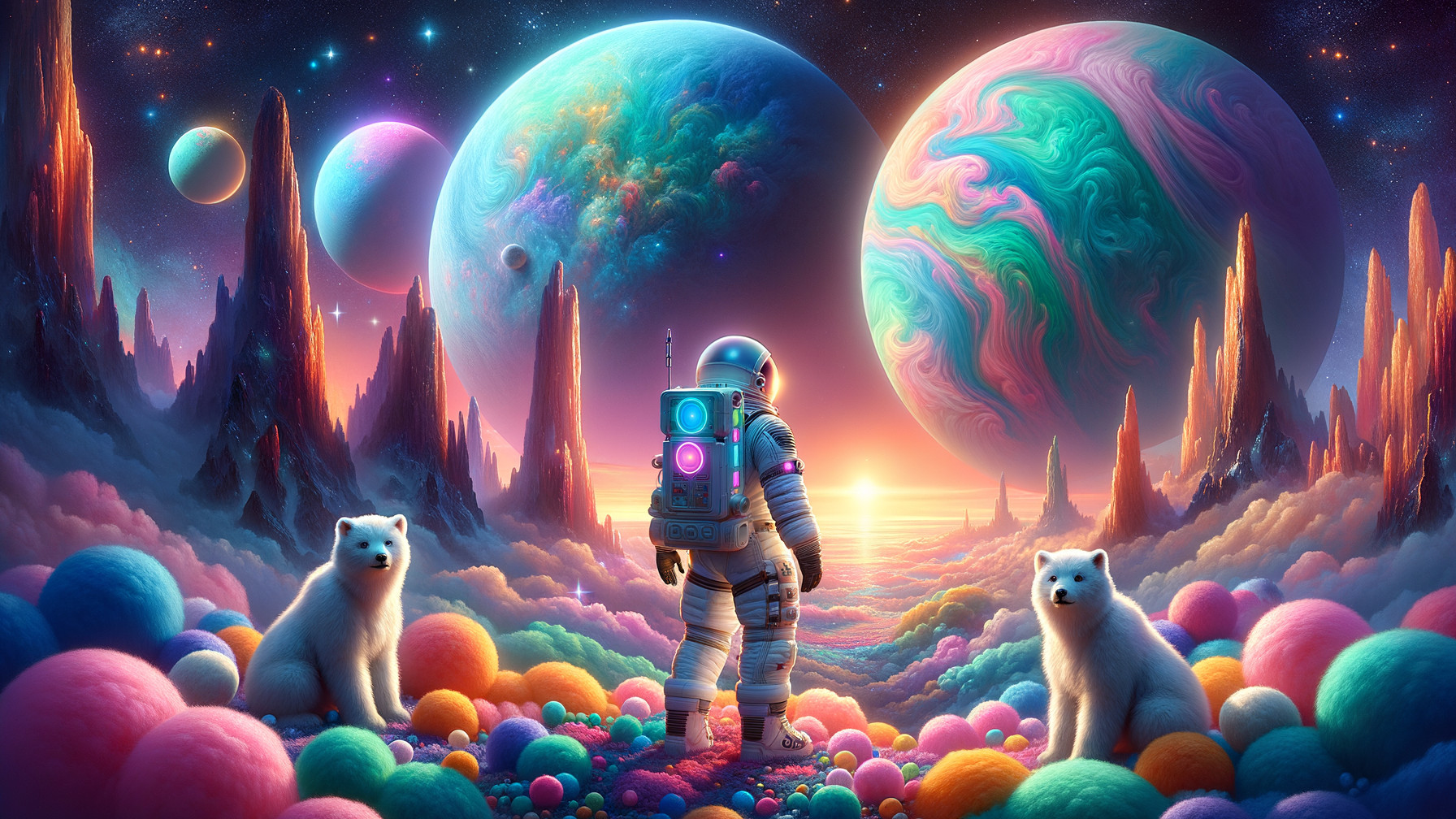 Astronaut on Colorful Landscape with Polar Bears