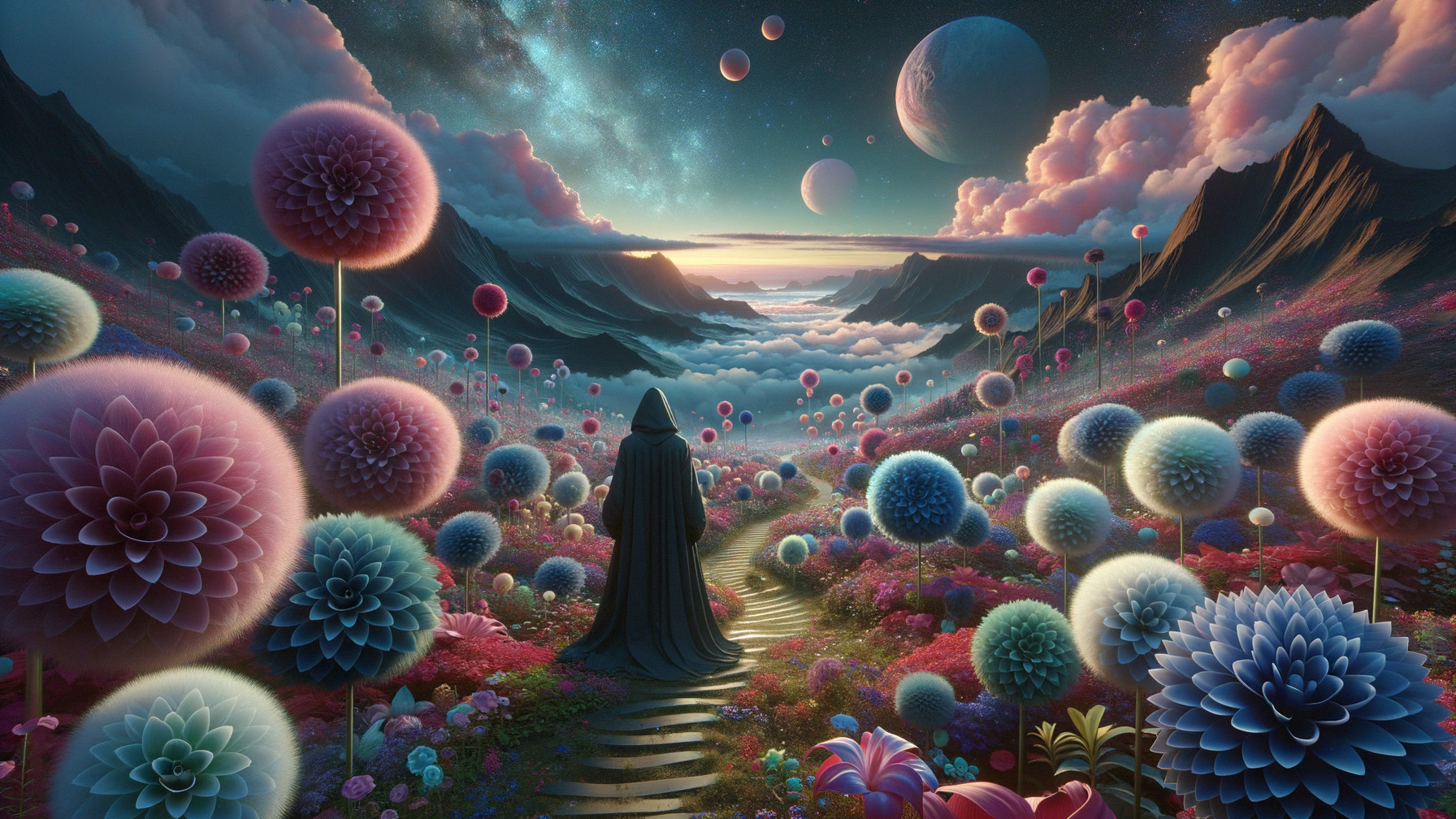 Otherworldly landscape with mountains and vibrant flowers