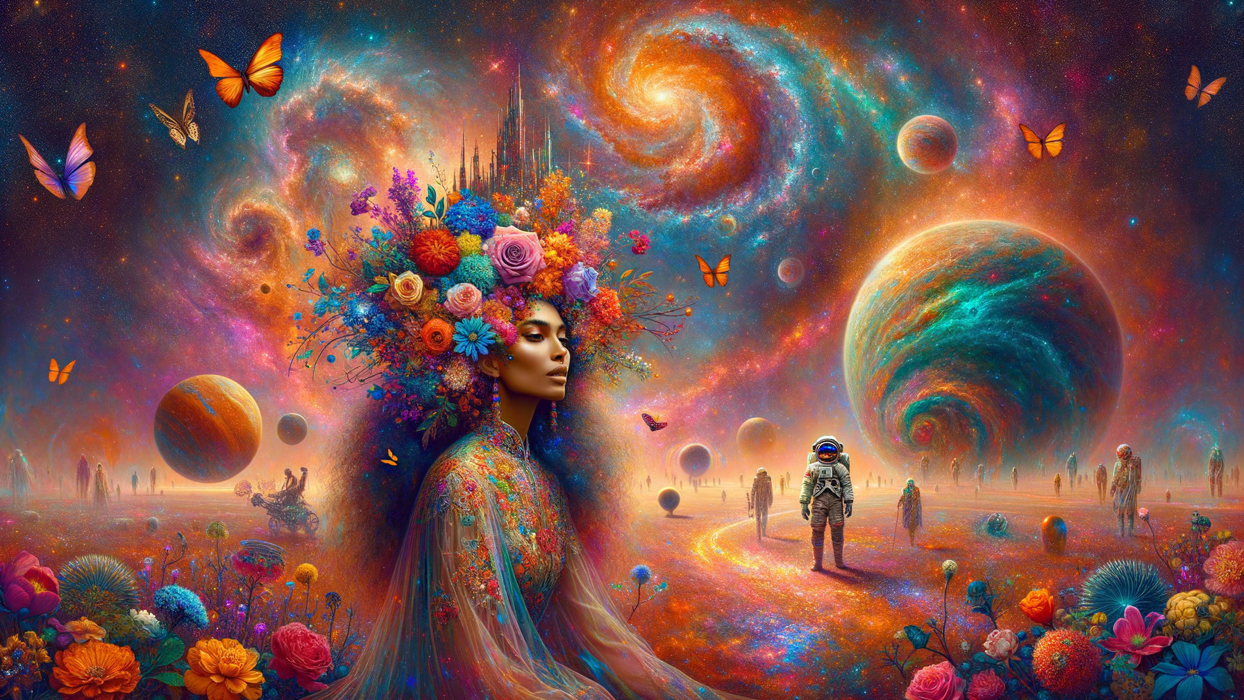 Mystical Scene of Woman in Cosmic Landscape with Butterflies