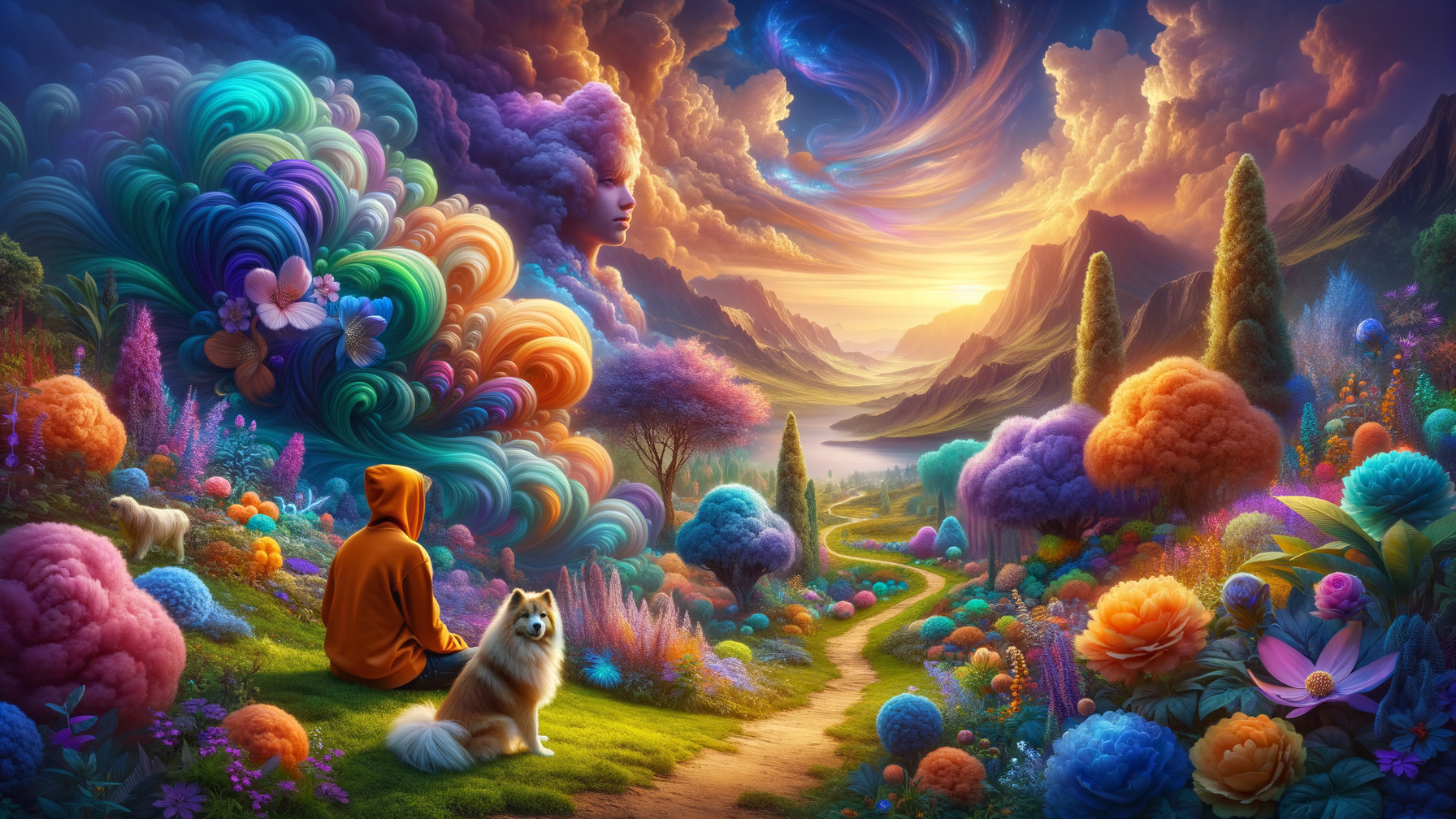 Serene Landscape with Vibrant Colors and Fantastical Flora