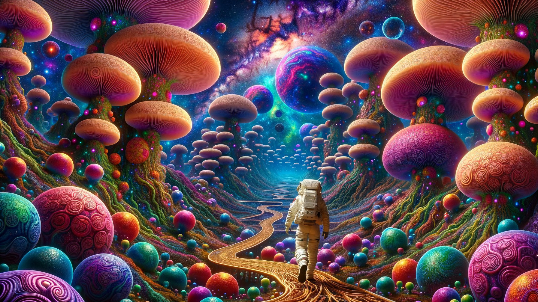 Astronaut on Glowing Path in Otherworldly Landscape