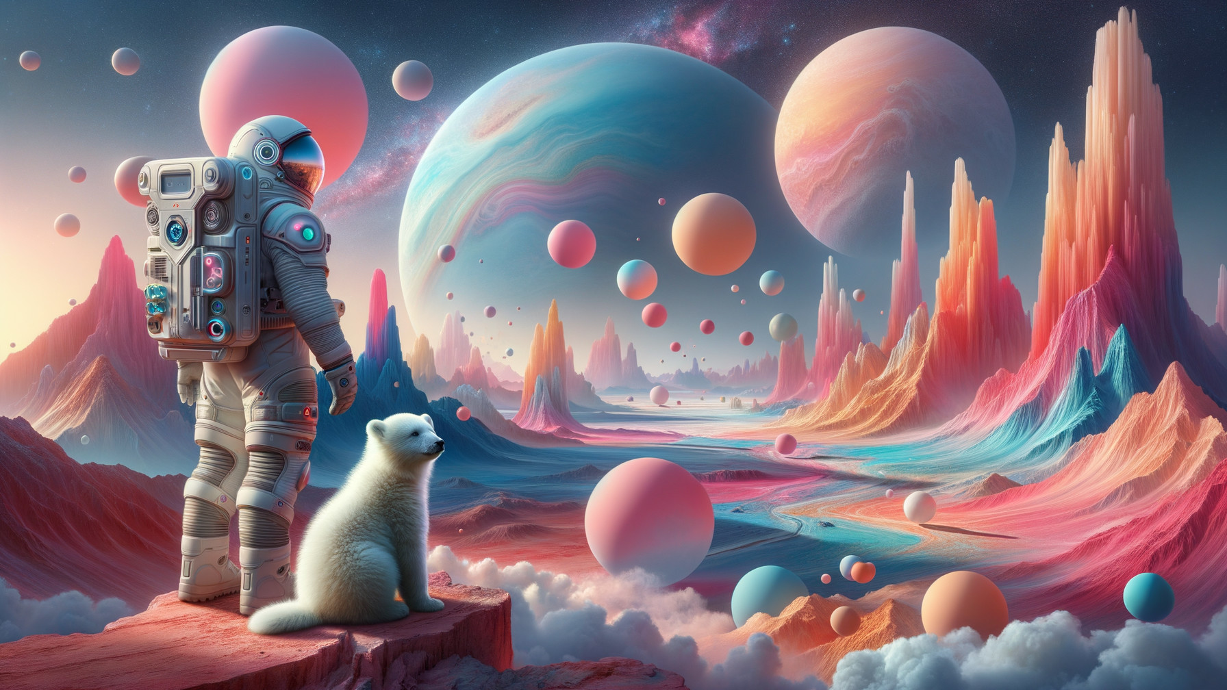 Astronaut and Polar Bear on Colorful Alien Landscape