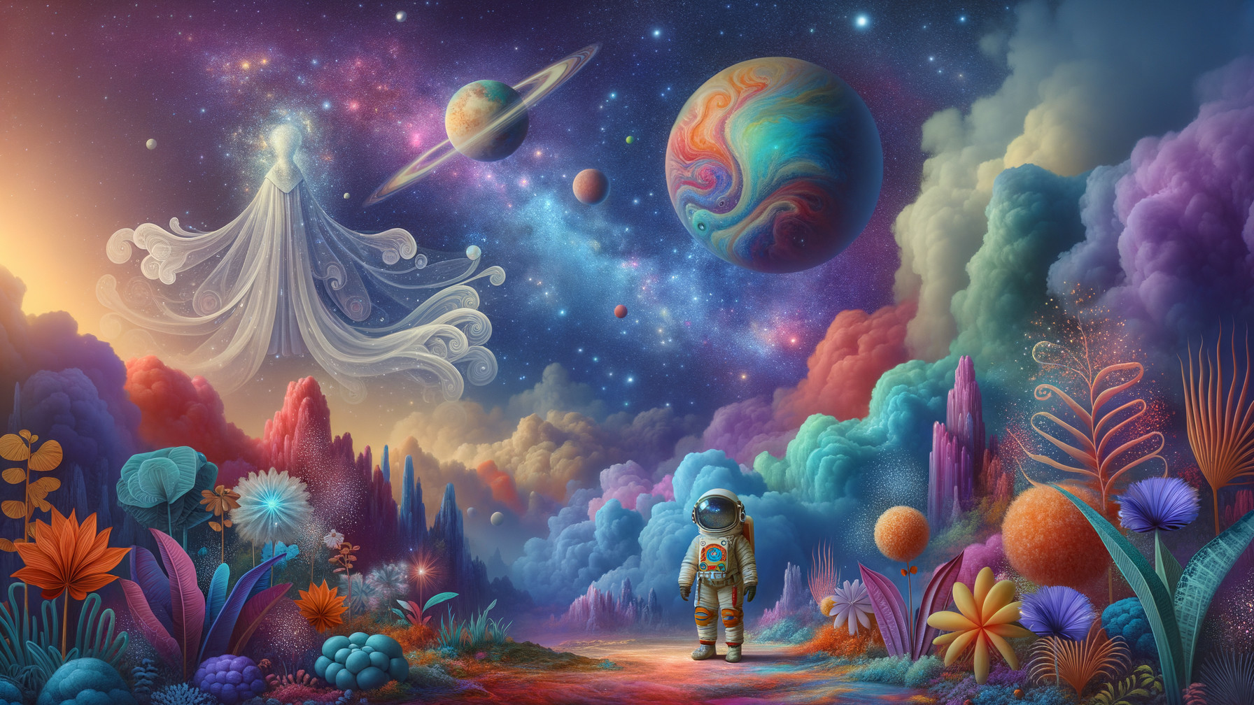 Astronaut in Colorful Alien Landscape with Cosmic Sky