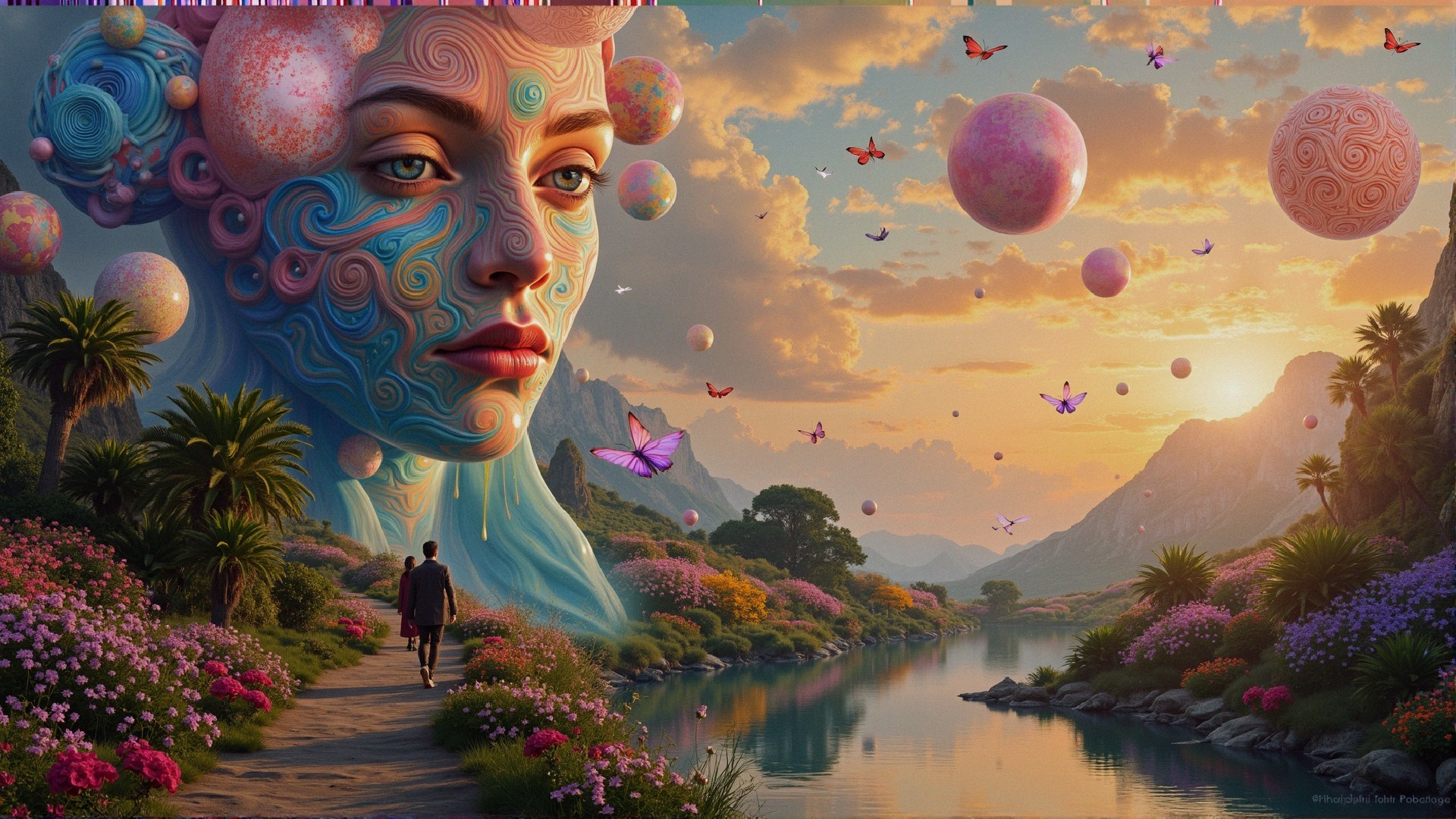 Surreal Landscape with Colossal Face and Floating Orbs