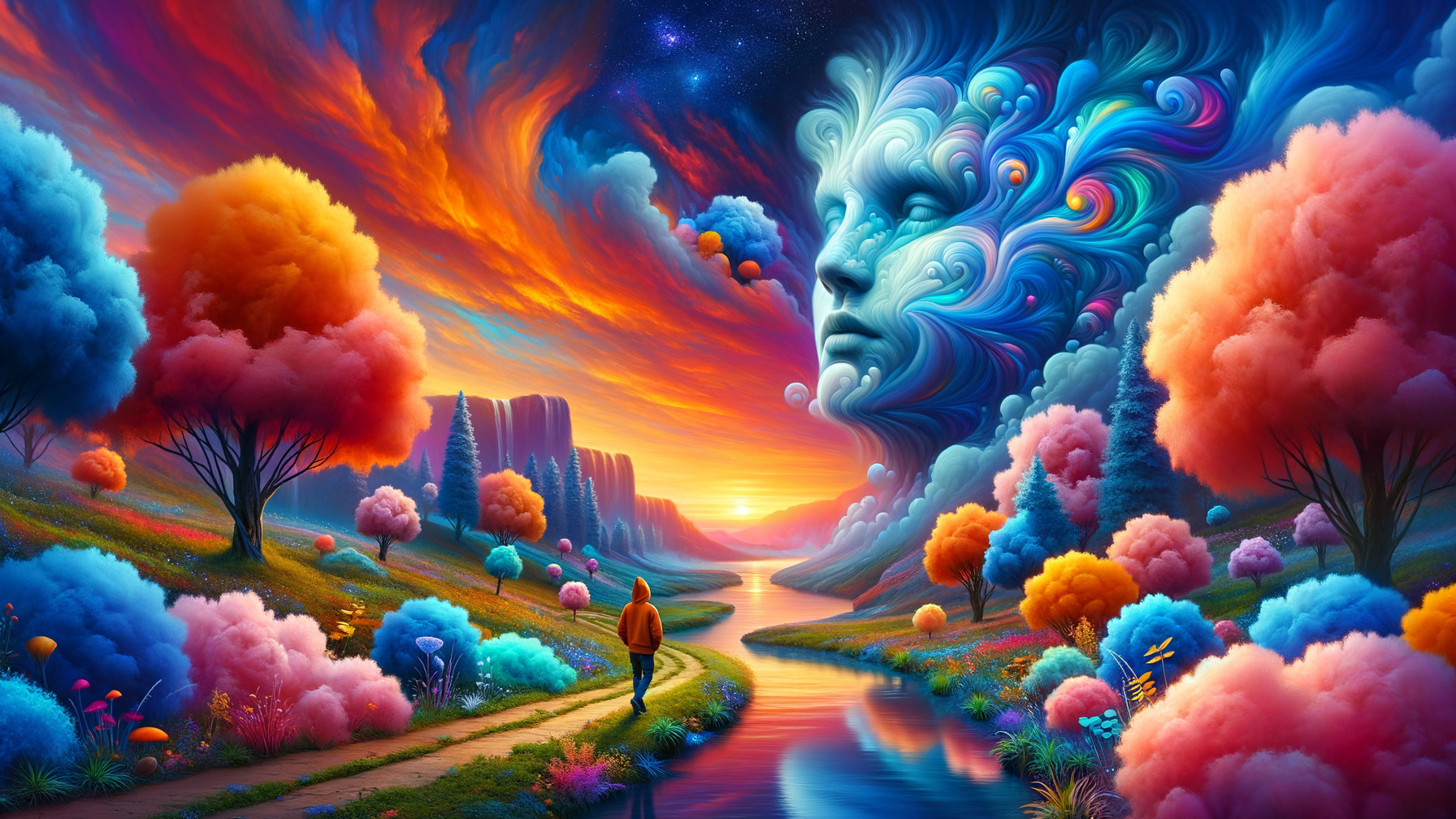 Surreal Landscape with Vivid Sunset and Giant Face