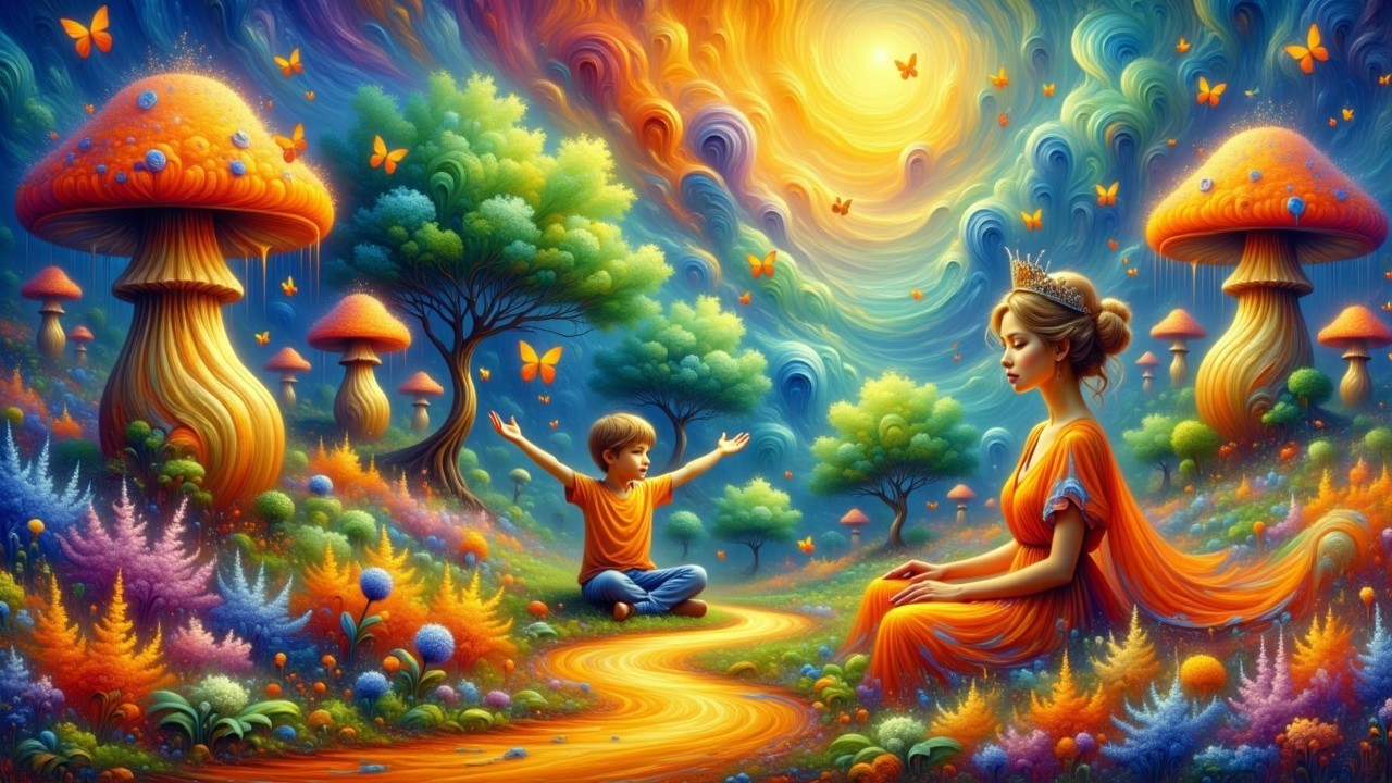 Young boy playing in a vibrant fantasy landscape