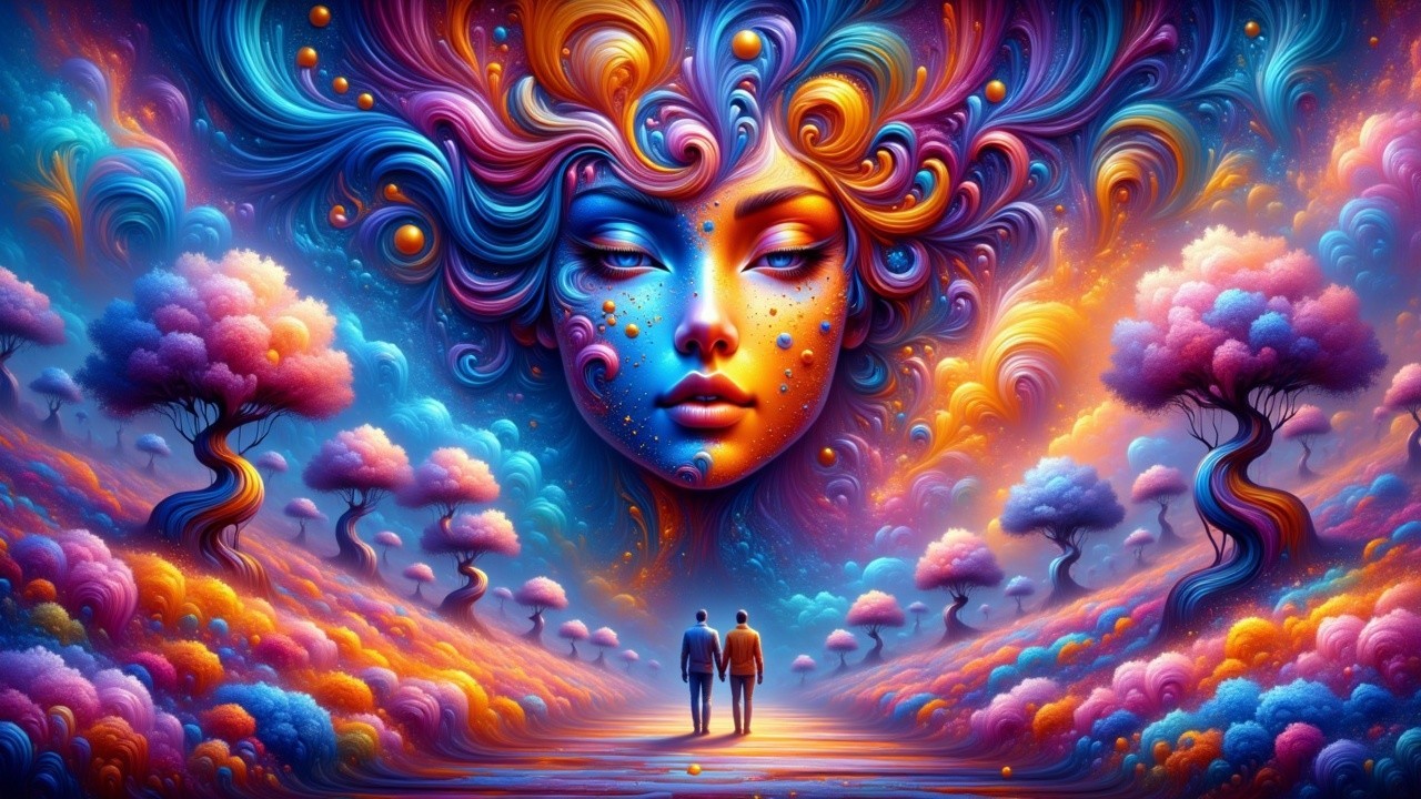 Surreal Landscape with Ethereal Face and Colorful Trees