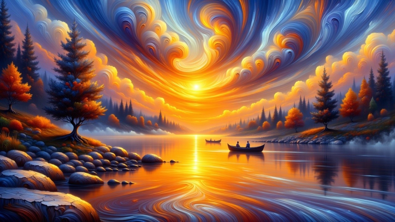 Serene River Scene at Sunset with Silhouetted Trees