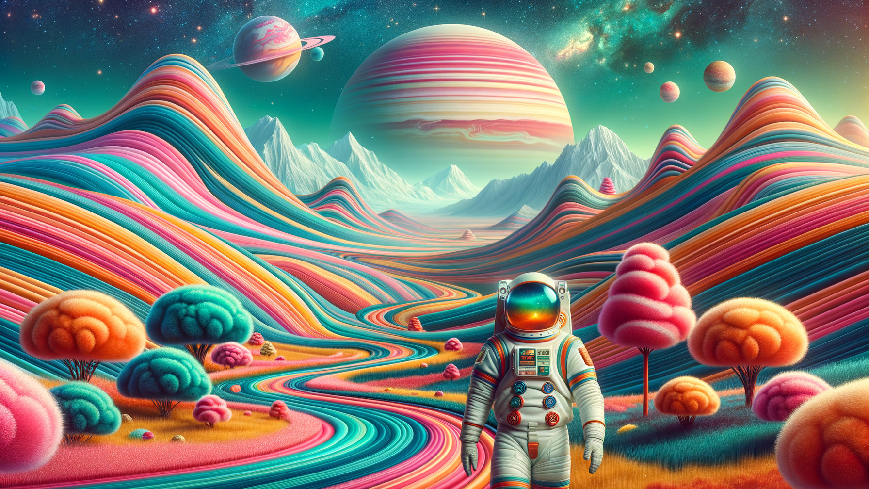 Astronaut in a Surreal, Colorful Landscape Scene