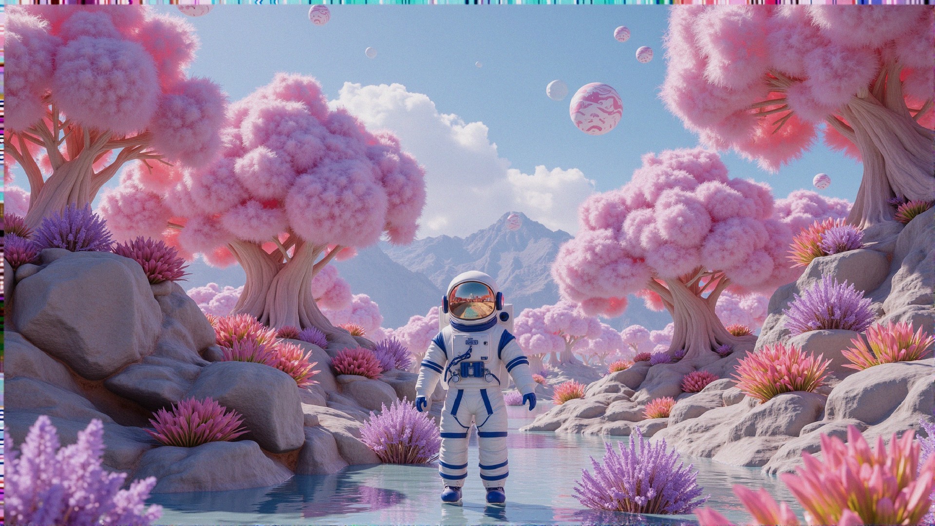 Astronaut in a Vibrant Alien Landscape with Pink Trees