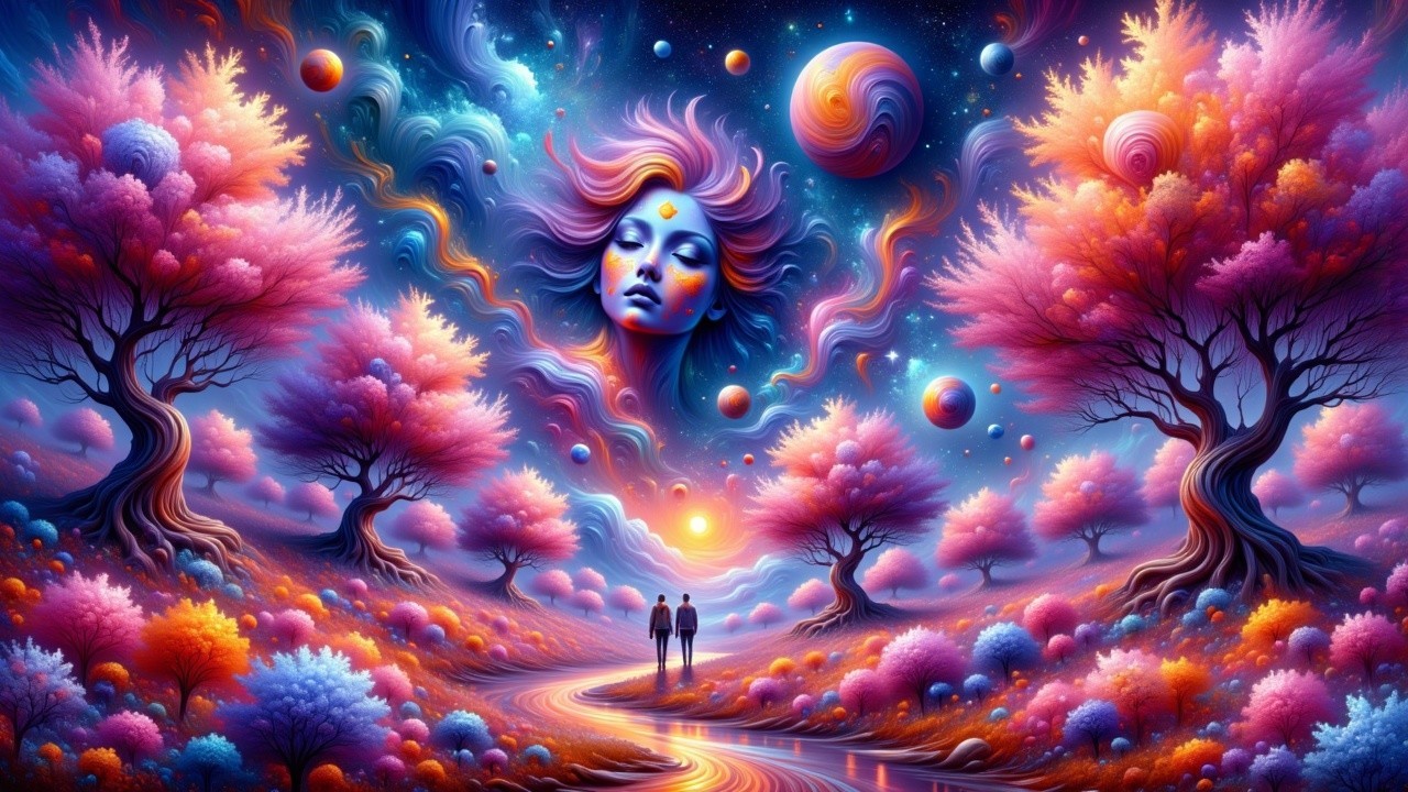 Surreal Landscape with Figures and Cosmic Elements