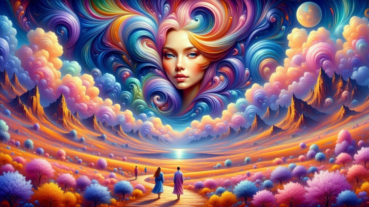 Surreal Landscape with Colorful Swirls and Figures
