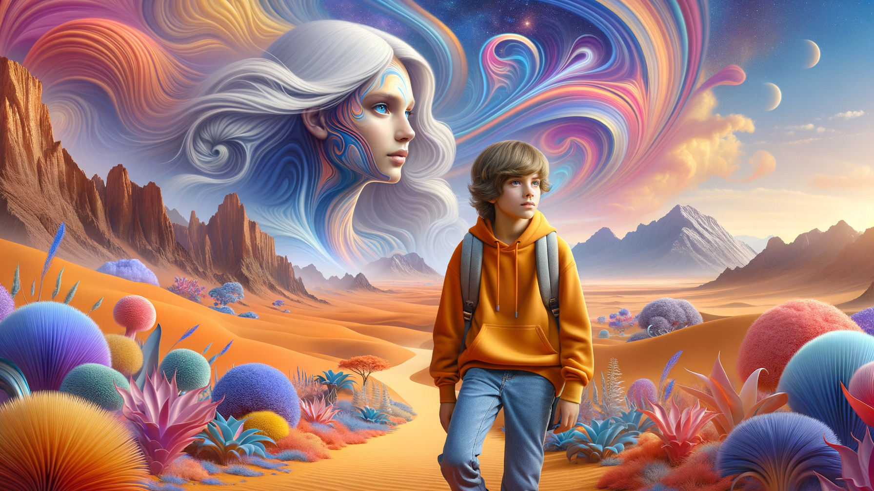 Young boy in orange hoodie in surreal desert landscape