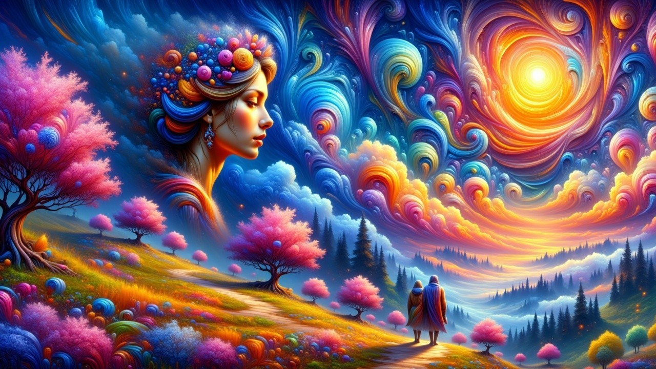 Vibrant Dreamlike Landscape with Floral Woman's Profile