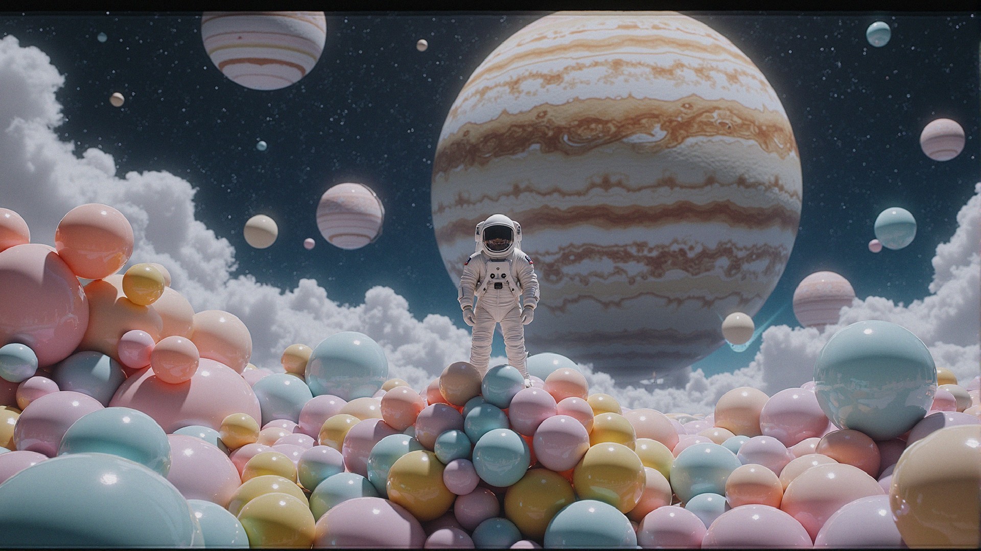 Astronaut on Colorful Mound in Dreamlike Landscape