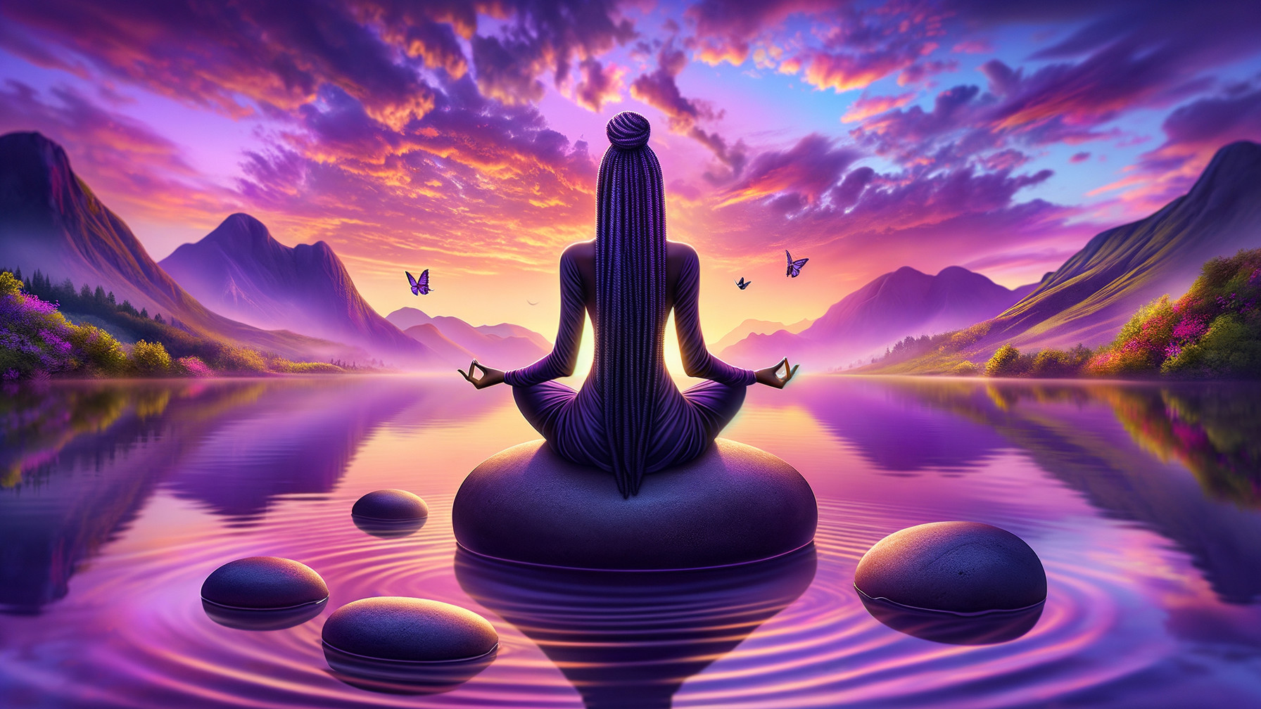 Meditating Figure Surrounded by Serene Nature Scene