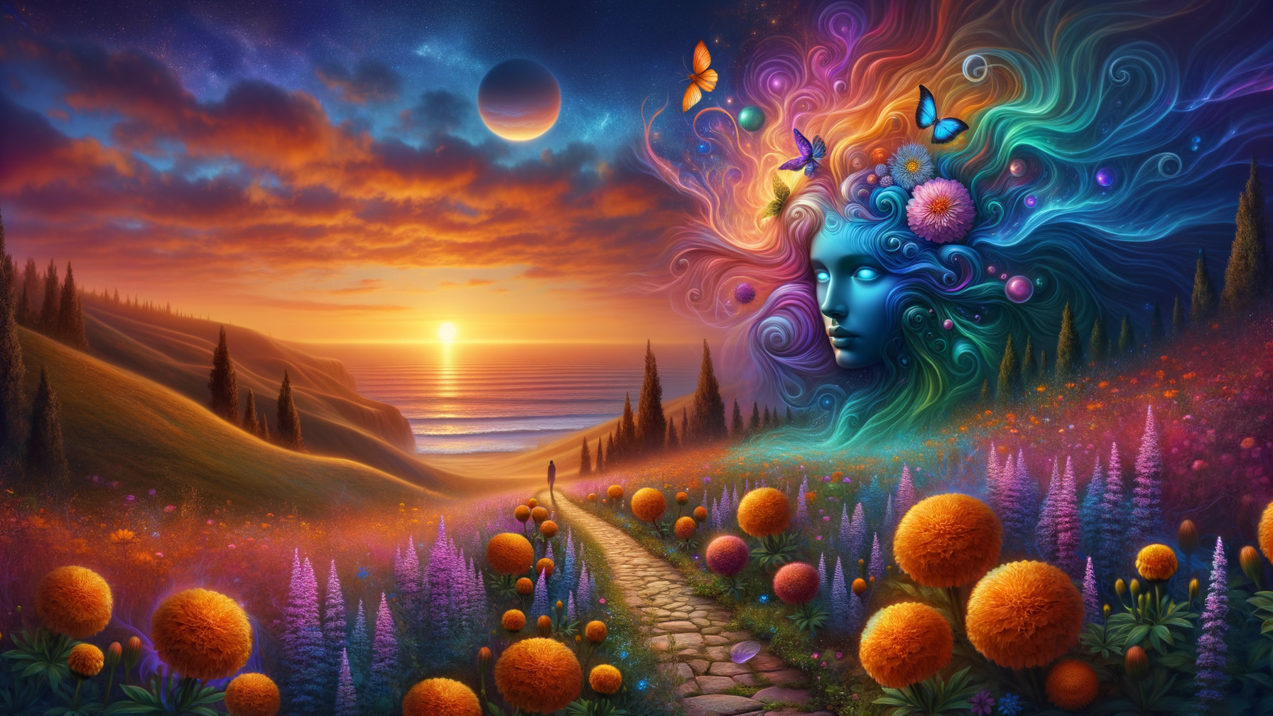 Vibrant Sunset Landscape with Mystical Elements
